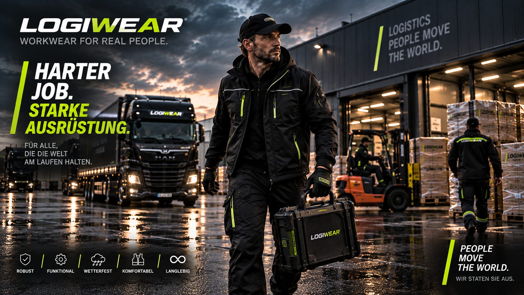 LOGIWEAR-Mitarbeiter mit Werkzeugkoffer vor dem Lager, im Hintergrund ein MAN-Sattelzug und Kollegen am Gabelstapler
